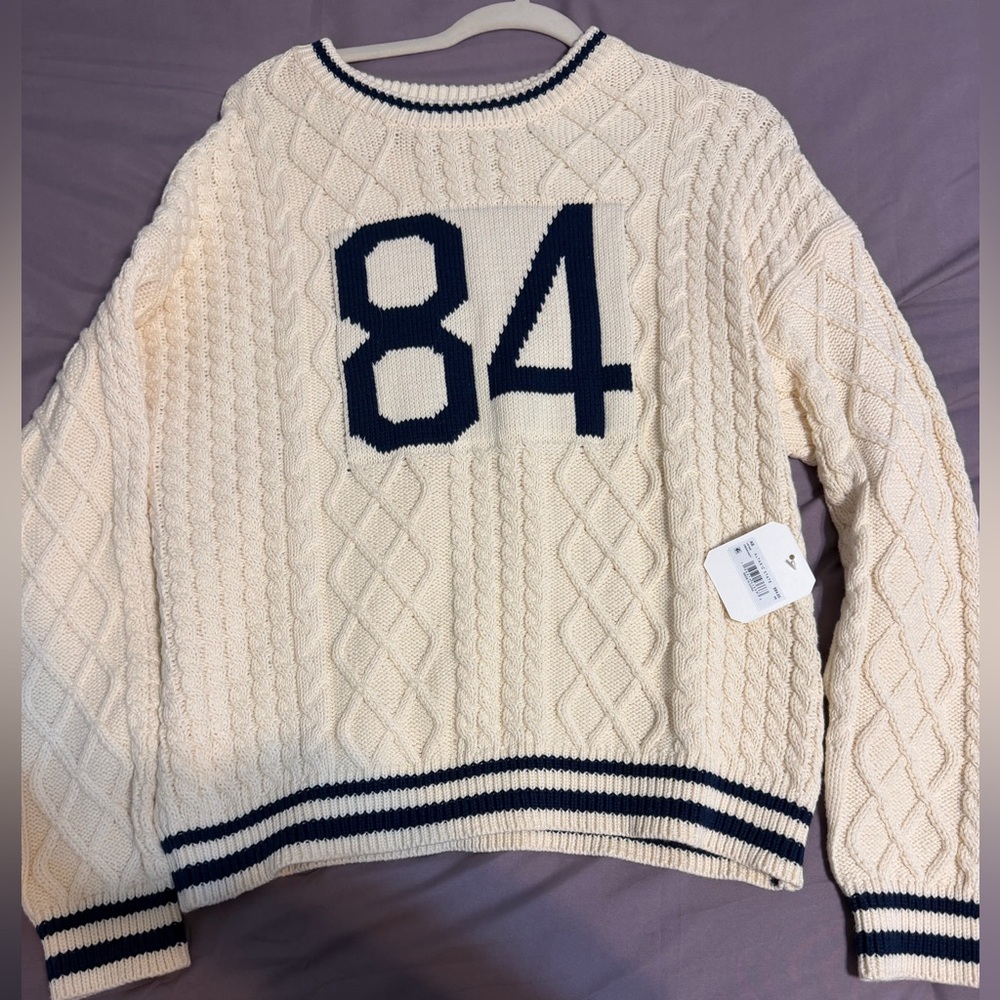 Altar'd State Cream and Navy Blue Cable Knit Sweater
